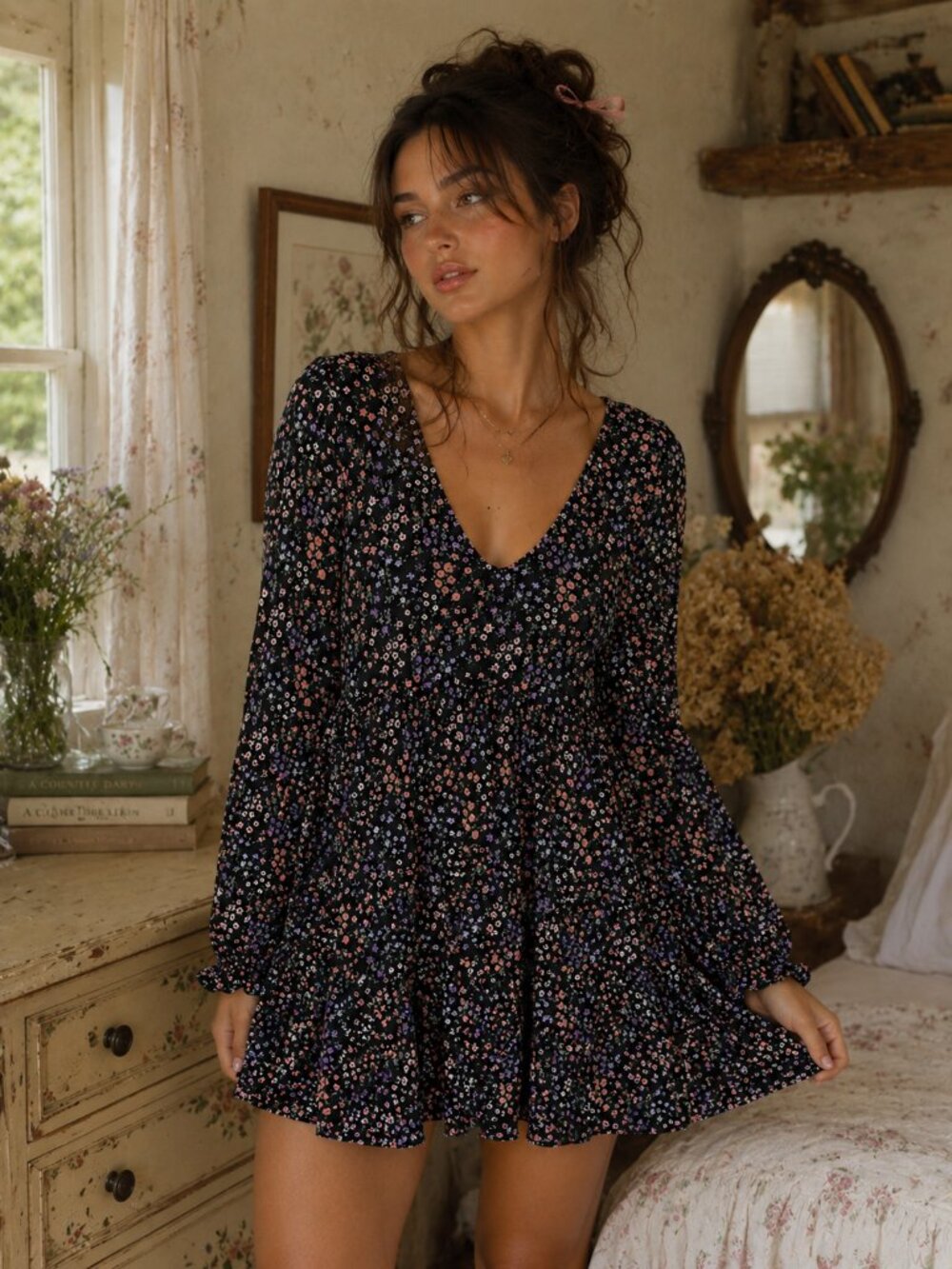 Cottagecore Floral Babydoll Mini Dress | Romantic Y2K Long Sleeve